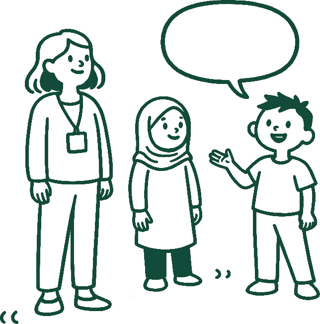 Diverse children talking with a teacher
